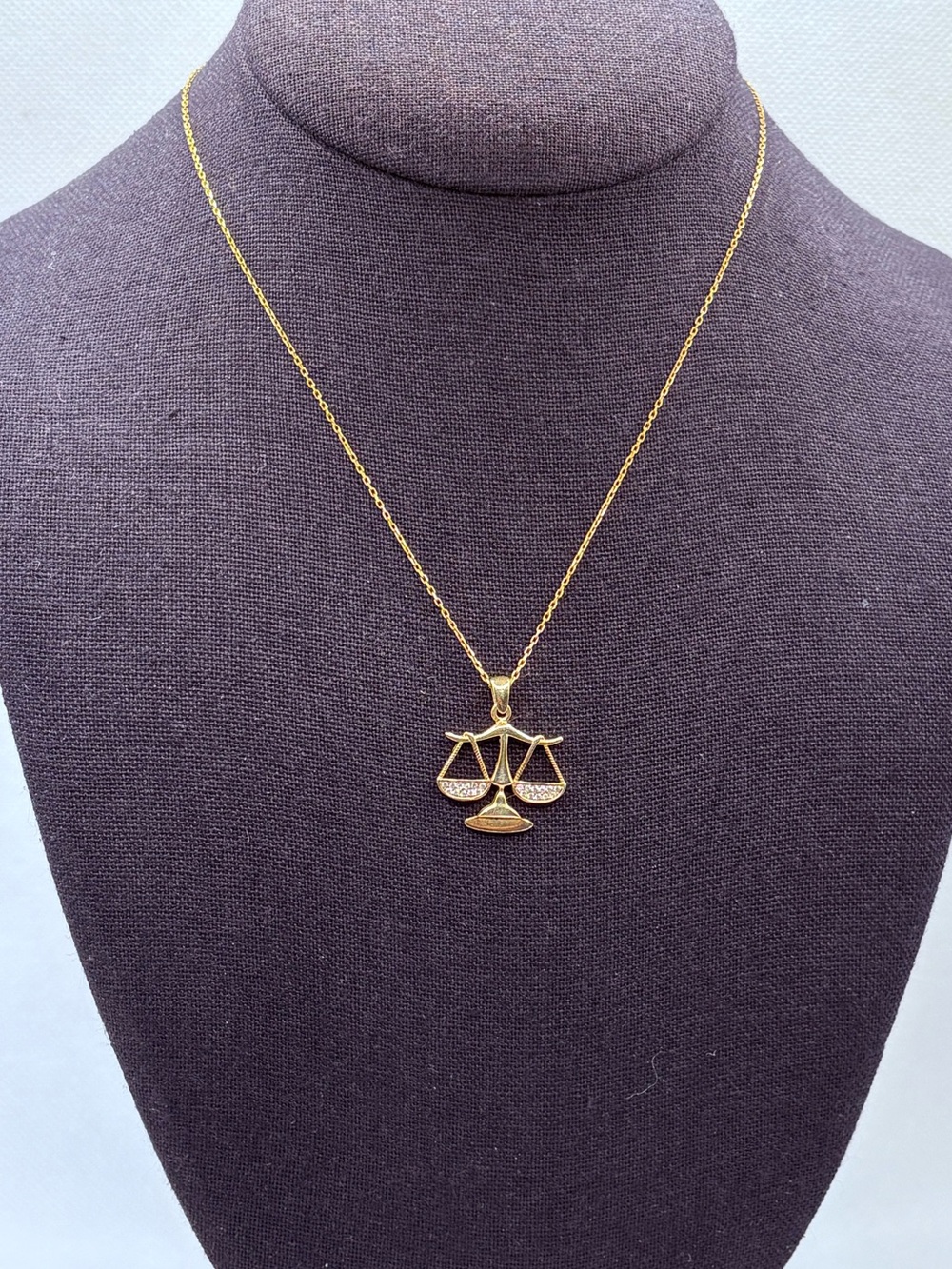 Yellow Gold Plated Scales Of Justice Libra Sign Necklace Sterling Silver 925 CZ